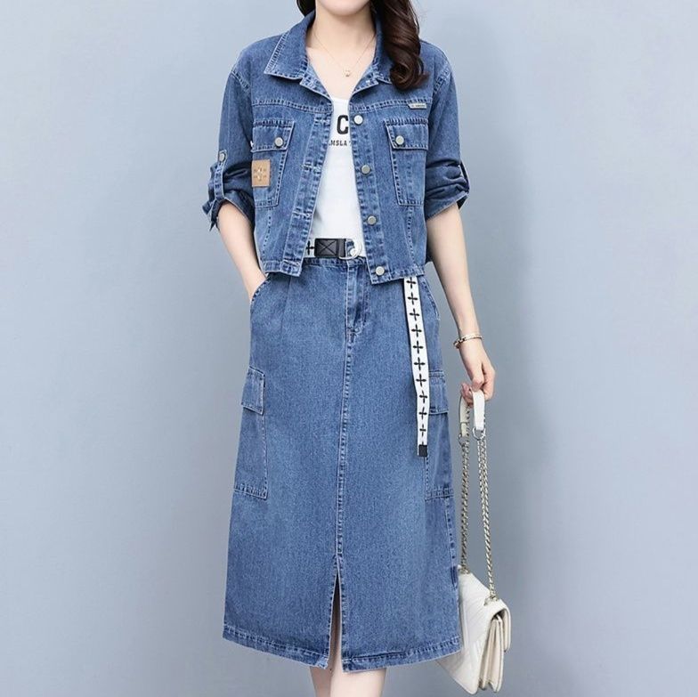 デニムセットアップ パッチ付きシンプルジャケット＆スリットミディスカート 細見えカジュアル2点セット