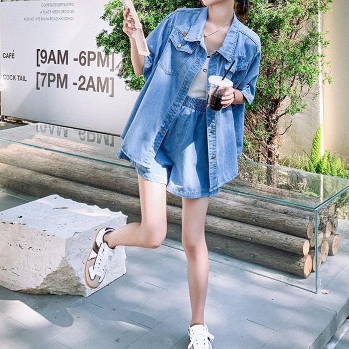 デニムセットアップ シンプル半袖シャツ×ショートパンツ フェミニンカジュアル リラックス2点セット