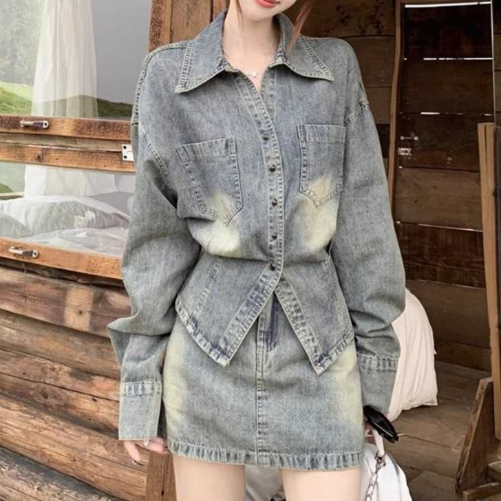 デニムセットアップ ウォッシュ加工長袖シャツ×ミニスカート 塩系カジュアル上下セット