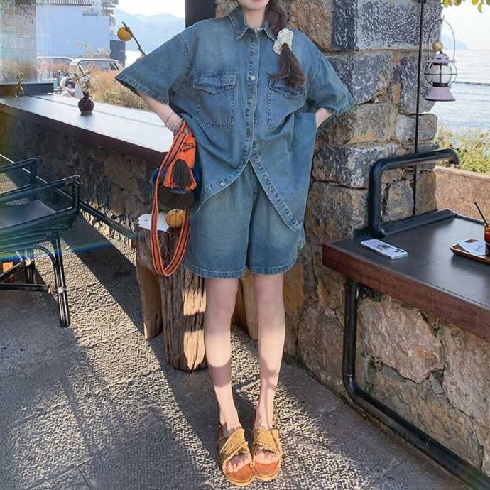 デニムセットアップ 香港風半袖シャツ＆ショートパンツ ほの甘クールなゆったり2点セット