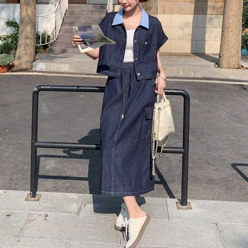 デニムセットアップ ストライプ襟半袖シャツジャケット＆ロングスカート きれいめカジュアル2点セット