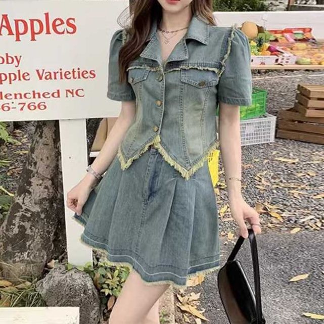 デニムセットアップ フリンジ半袖ショートジャケット×フレアミニスカート レトロ風フェミカジ上下セット