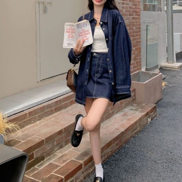 デニムセットアップ オーバーサイズシャツジャケット＆ハイウエストミニスカート 大人フェミニン濃紺2点セット