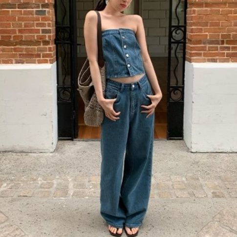 デニムセットアップ フロントボタンビスチェトップス×ハイウエストワイドパンツ カジュアル肌みせ2点セット