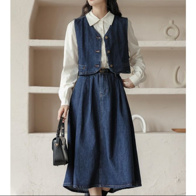 デニムセットアップ クラシカルベスト＆白シャツ＆フレアミディスカート レトロフェミニン3点セット