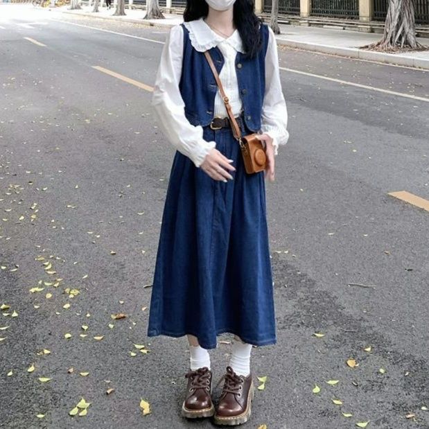 デニムセットアップ ショートベスト＆白ブラウス＆フレアスカート レトロフェミニン きれいめ3点セット