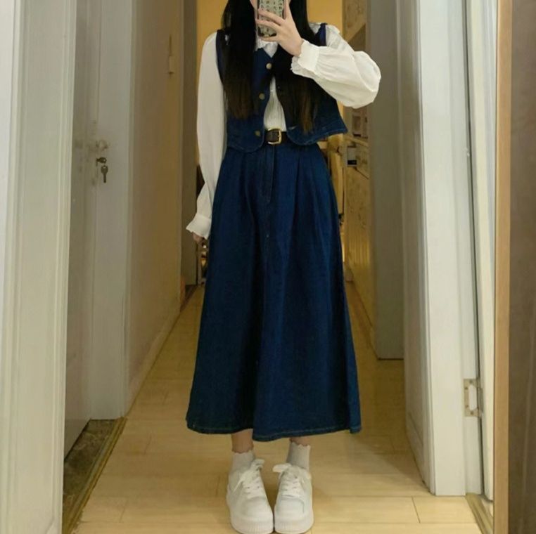 デニムセットアップ クラシカルベスト×白ブラウス×フレアスカート 清楚系レトロガーリー3点セット