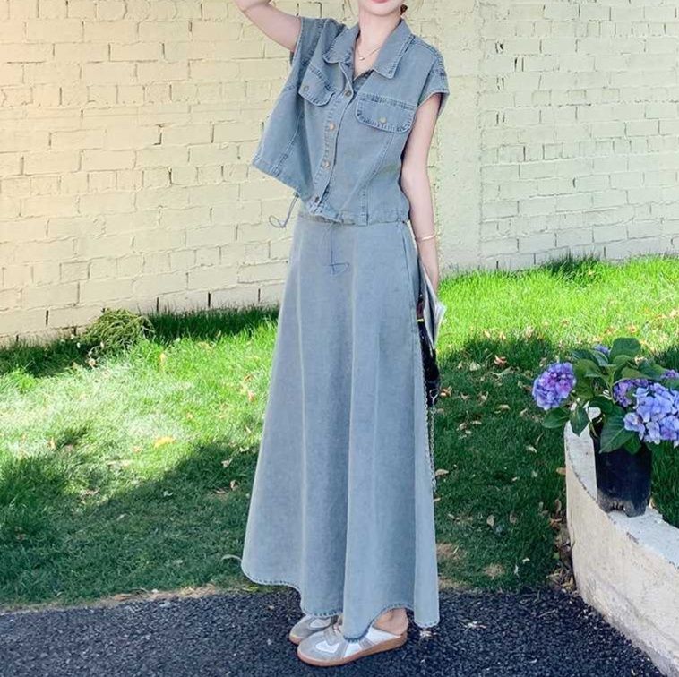 デニムセットアップ 韓国風半袖ジャケット＋フレアロングスカート 大人カジュアル細見え2点セット