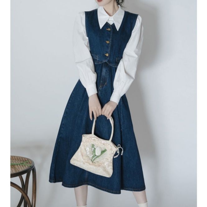 デニムセットアップ ショートベスト×白シャツ×フレアミディスカート レトロガーリー きれいめ3点セット