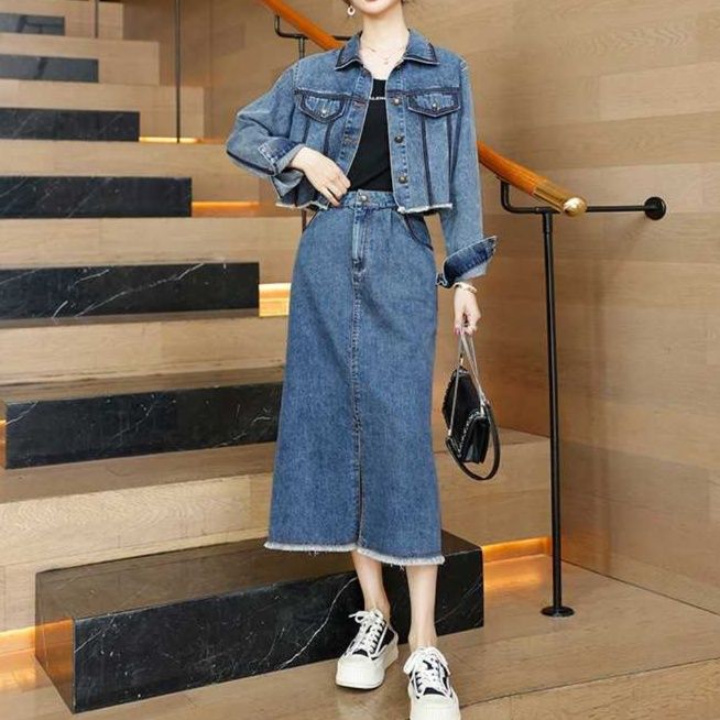 デニムセットアップ 切替デザインジャケット×スリットミディスカート 上品カジュアル 抜け感上下セット