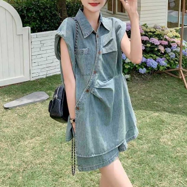 デニムセットアップ ノースリーブシャツ×ショートパンツ レトロかわいい 夏のゆったり上下セット