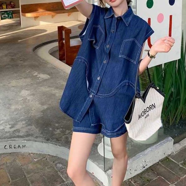 デニムセットアップ ノースリーブシャツ＆ショートパンツ ゆったりカジュアル こなれ感2点セット