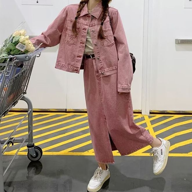 ピンクデニムセットアップ 襟付き長袖ジャケット&スリットミディスカート ゆったりアメカジ2点セット