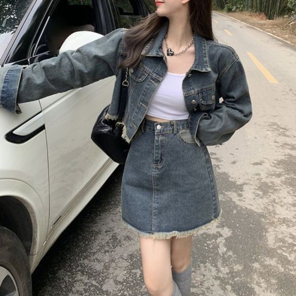 デニムセットアップ フリンジショートジャケット＆Aラインミニスカート ヴィンテージ風 大人カジュアル2点セット