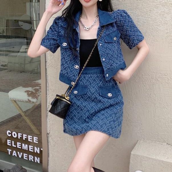 デニムセットアップ 柄入り半袖ショートジャケット＆Aラインミニスカート 香港風高見え上下セット