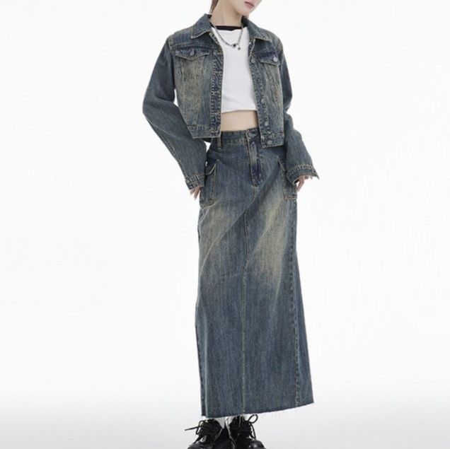 デニムセットアップ ヴィンテージ風ショートジャケット×ハイウエストロングスカート クール系細見え上下セット