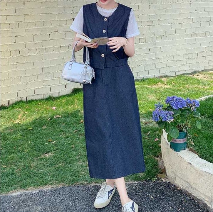デニムセットアップ クラシカルベスト＆Tシャツ＆ミディスカート 大人カジュアル 塩系レトロ3点セット