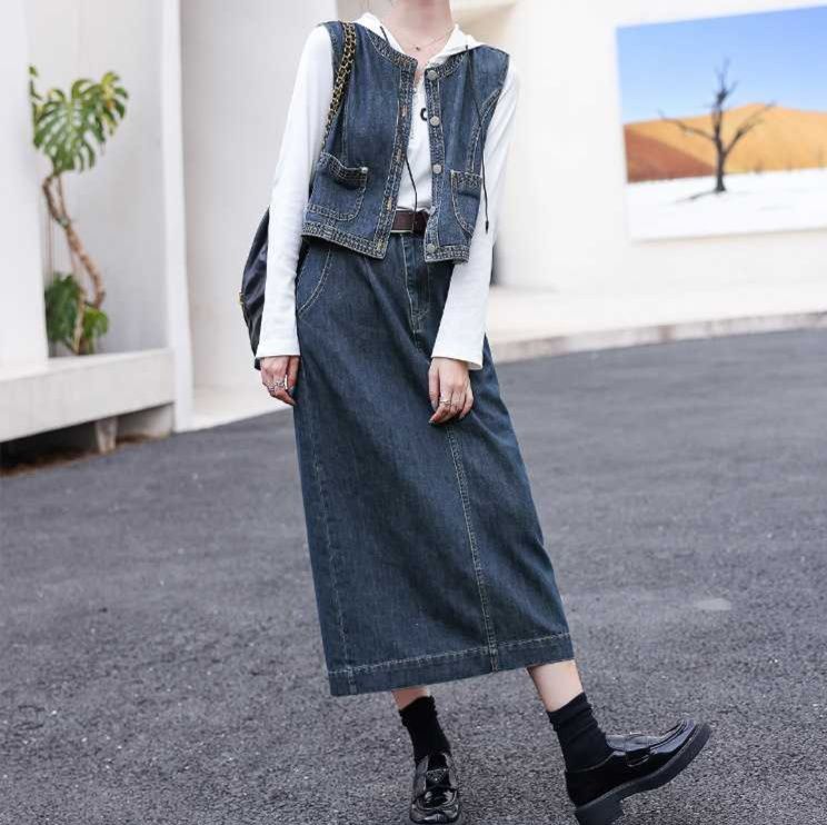 デニムセットアップ クラシックベスト＆スリットミディスカート 韓国風大人カジュアル2点セット