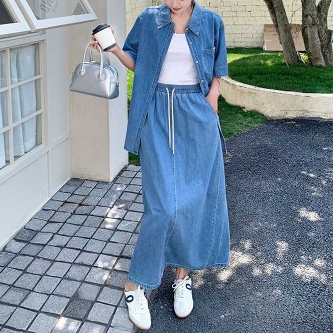 デニムセットアップ ストライプ半袖シャツ＆スリットロングスカート 甘めクール ゆったり細見え2点セット