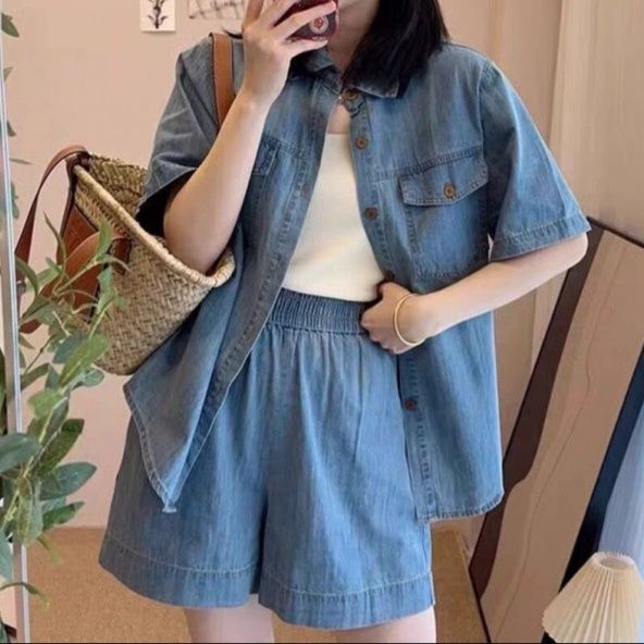 デニムセットアップ 韓国風半袖シャツ＆ショートパンツ 塩系レトロ 夏向けゆったり2点セット