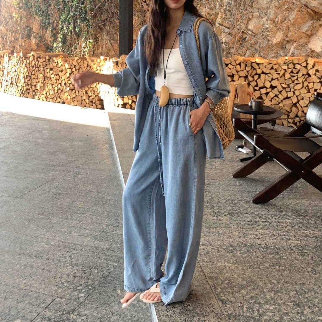 デニムセットアップ ゆったり長袖シャツ＆ドローストリングワイドパンツ 軽やか上品 夏のリラックス2点セット