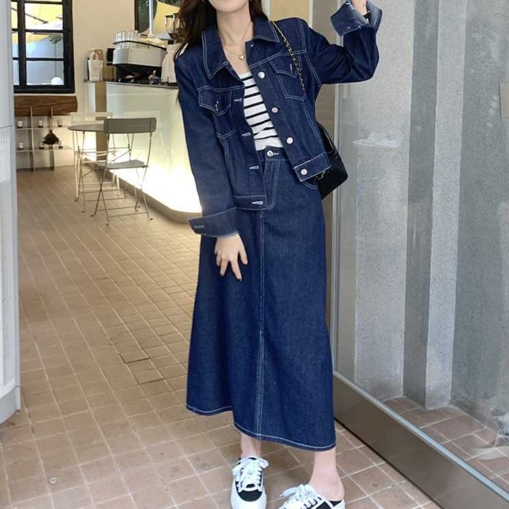 デニムセットアップ クラシカルステッチジャケット＆スリットロングスカート きれいめ万能 大人カジュアル2点セット
