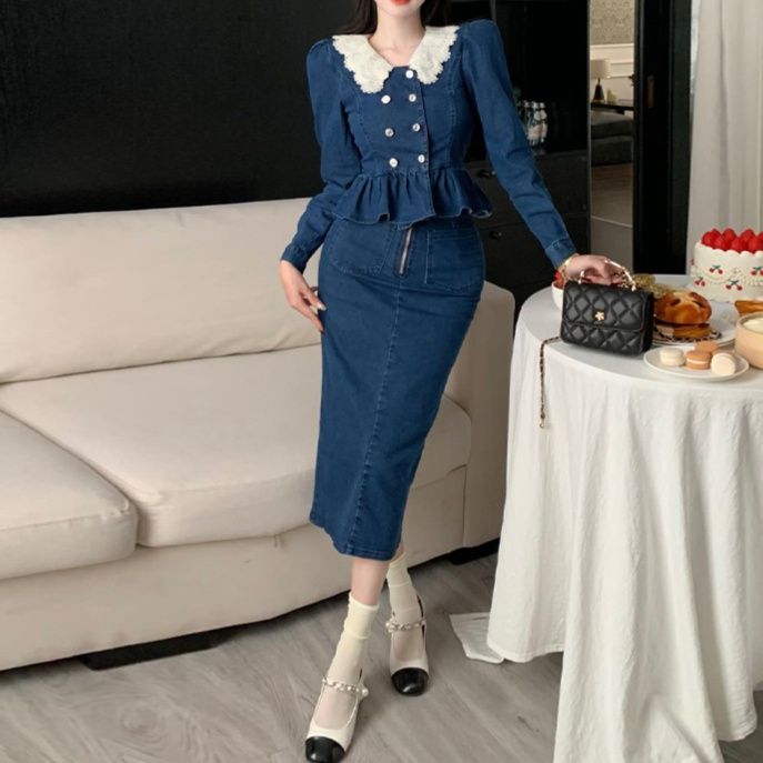 デニムセットアップ レース丸襟フリルトップス＆スリット入りタイトミディスカート 上品レトロなガーリー2点セット