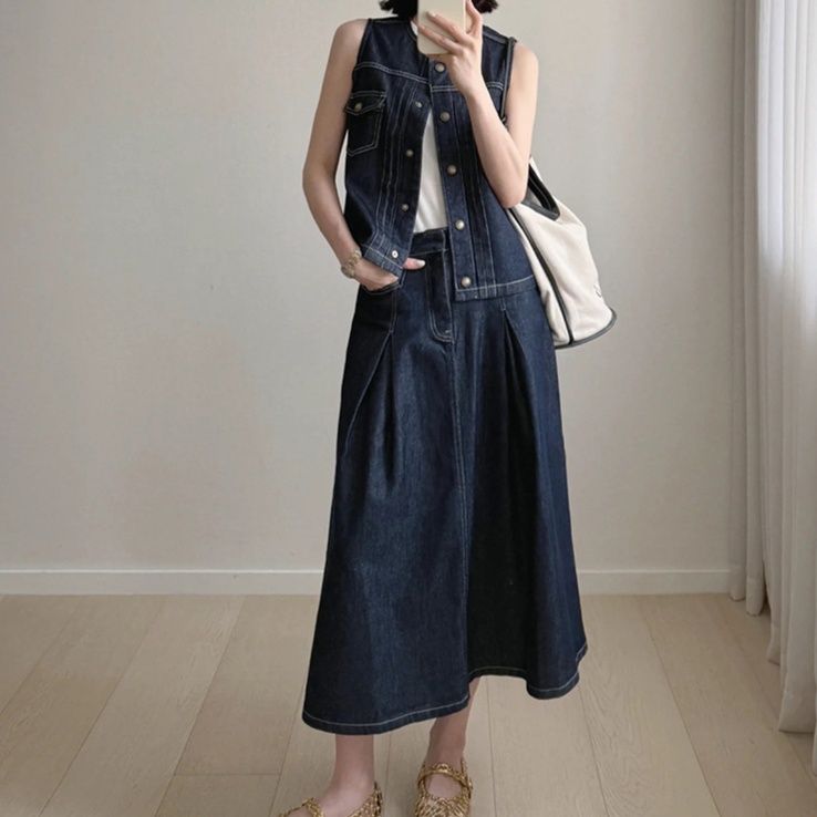 ダークデニムセットアップ クラシカルベスト×フレアロングスカート シンプル万能 大人カジュアルツーピース(上下別売り)