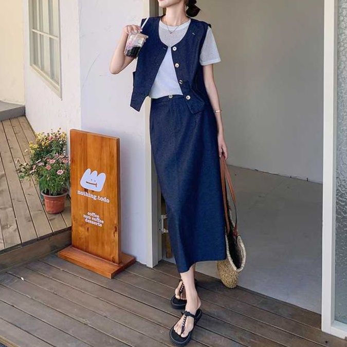 デニムセットアップ レトロベスト＆Tシャツ＆ロングスカート 大人カジュアル フレンチフェミニン3点セット