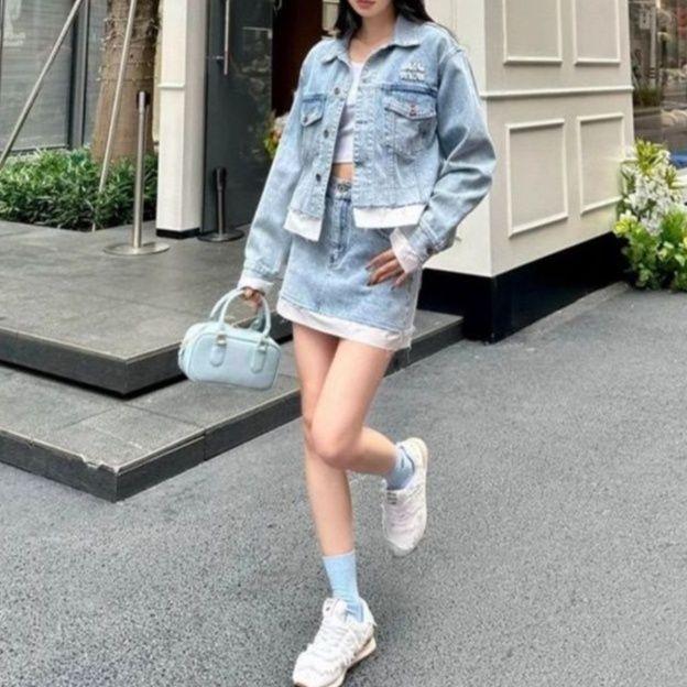 デニムセットアップ カットオフ長袖ジャケット＆ミニスカート ゆるかわ細見え こなれ感上下セット