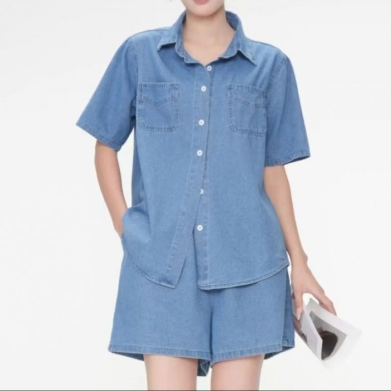 デニムセットアップ ゆったり半袖シャツ＋ショートパンツ シンプル万能 夏のゆるかわ上下セット