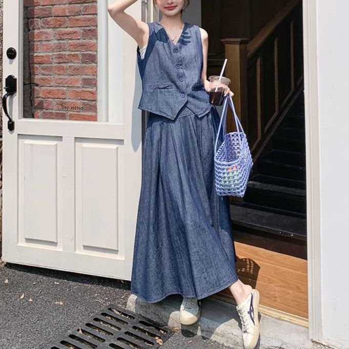 デニムセットアップ シンプルベスト&フレアロングスカート きれいめ細見え ゆるフェミ2点セット