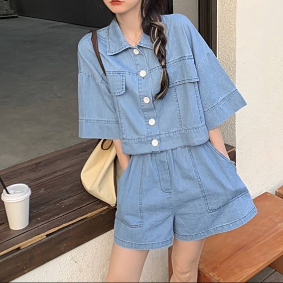 デニムセットアップ ワイド五分袖ジャケット×ショートパンツ ゆる可愛い 爽やかカジュアル2点セット