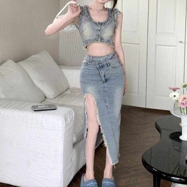 デニムセットアップ フリンジノースリーブショートトップス＆深めスリットスカート 小柄さん向け 細見えY2K上下セット