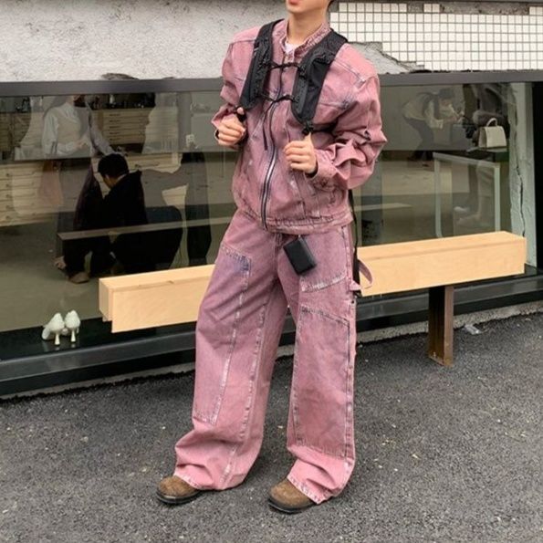 フロントジップジャケット×ワイドパンツ メンズ向け ゆったりワークテイストデニムセットアップ（上下別売り）