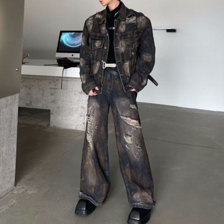 ダメージ加工ブラックジャケット×ワイドパンツ メンズ向け 廃墟系ユニークデニムセットアップ（上下別売り）