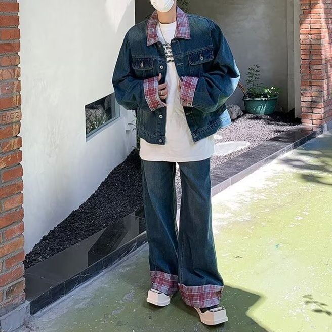 デニムセットアップ チェック切替ジャケット＆ワイドパンツ メンズ向け 個性派ストリート系2点セット