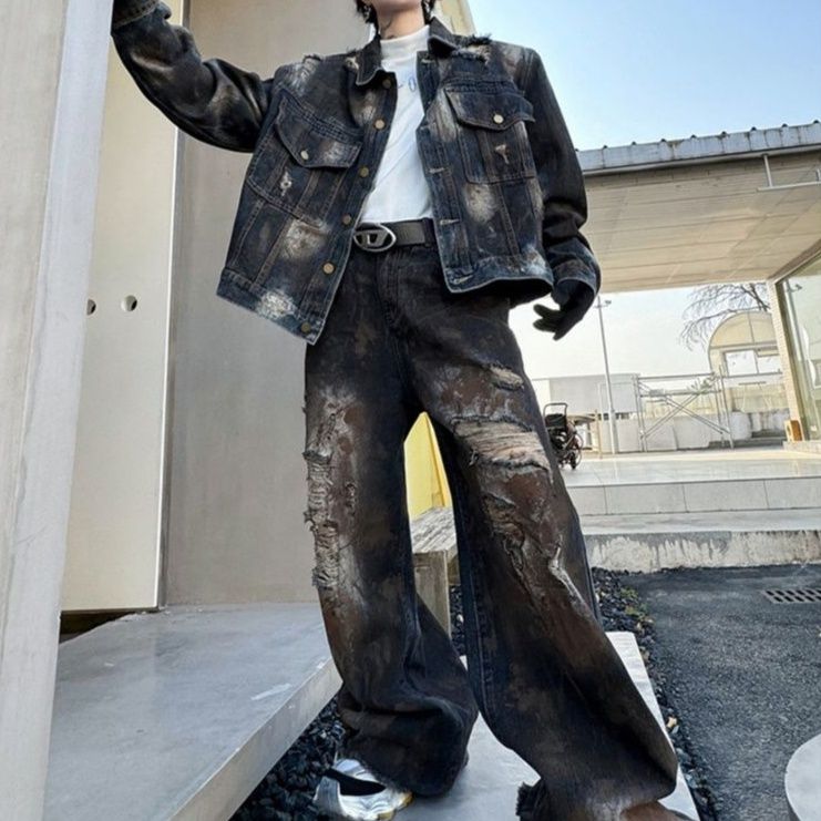 ダークデニムセットアップ ダメージ加工ジャケット＋ワイドパンツ メンズ向け ゆったりアメカジ2点セット