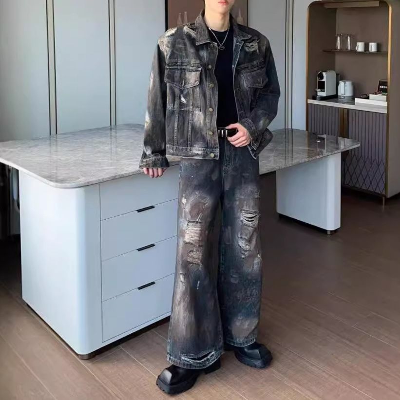 デニムセットアップ ペイント加工ジャケット＋ワイドパンツ メンズ向け 古着風ルーズフィット2点セット