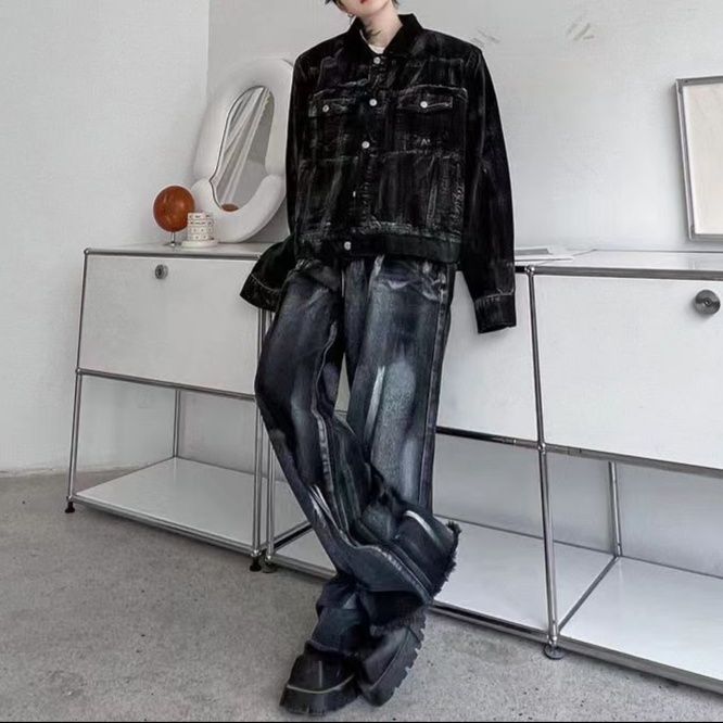 ブラックデニムセットアップ スプラッシュ加工ジャケット&ワイドパンツ メンズ向け やんちゃクールなストリート系2点セット