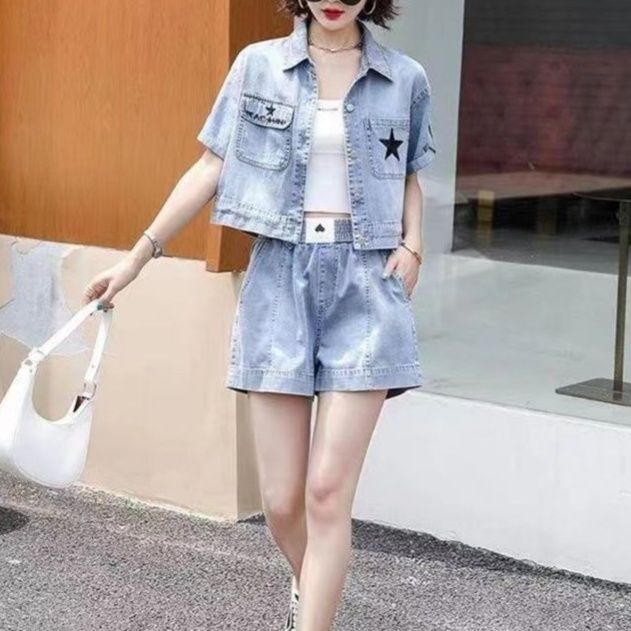 デニムセットアップ 星刺繍入り半袖ジャケット×ショートパンツ ゆったりカジュアル シンプル上下セット