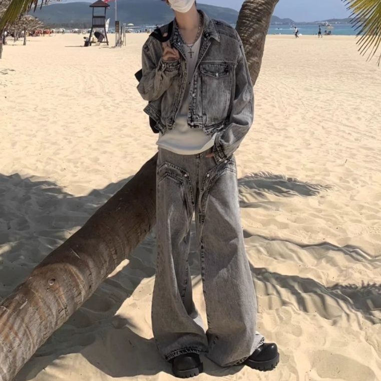 襟付きグレージャケット×ワイドパンツ メンズ向け ハイストリート系アメカジデニムセットアップ（上下別売り）