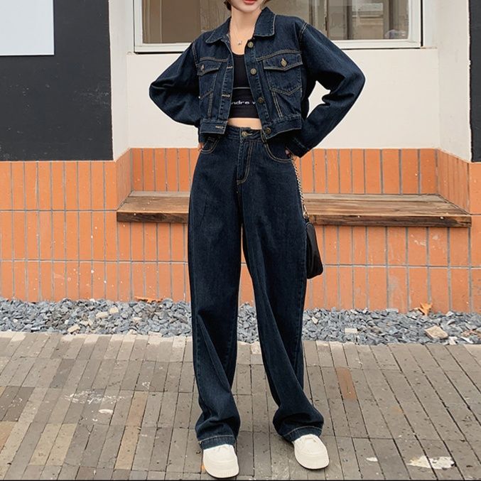 ダークデニムセットアップ シンプルショートジャケット×ワイドロングパンツ 塩系カジュアル 垢抜け2点セット