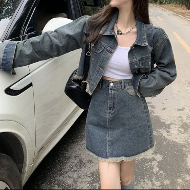 デニムセットアップ フリンジショートジャケット＆Aラインミニスカート ヴィンテージ風 着回し抜群抜け感2点セット