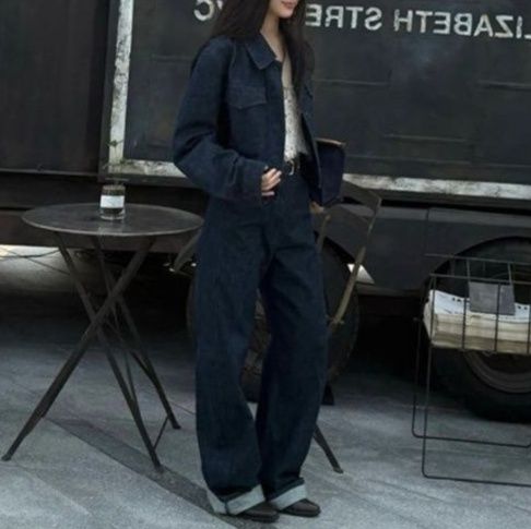 デニムセットアップ レギュラーカラージャケット&ワイドパンツ ゆったり韓国風 大人カジュアル上下セット