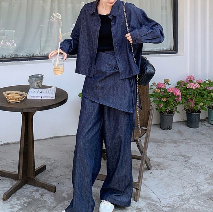 デニムセットアップ 着回し抜群長袖シャツジャケット＆ウエストラップワイドパンツ 上品カジュアル 高見え濃紺2点セット