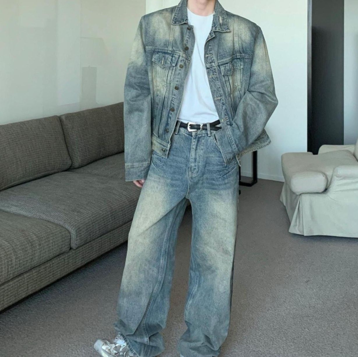 デニムセットアップ ウォッシュ加工ジャケット×ワイドストレートパンツ メンズ向け ヴィンテージ風ルーズフィット2点セット