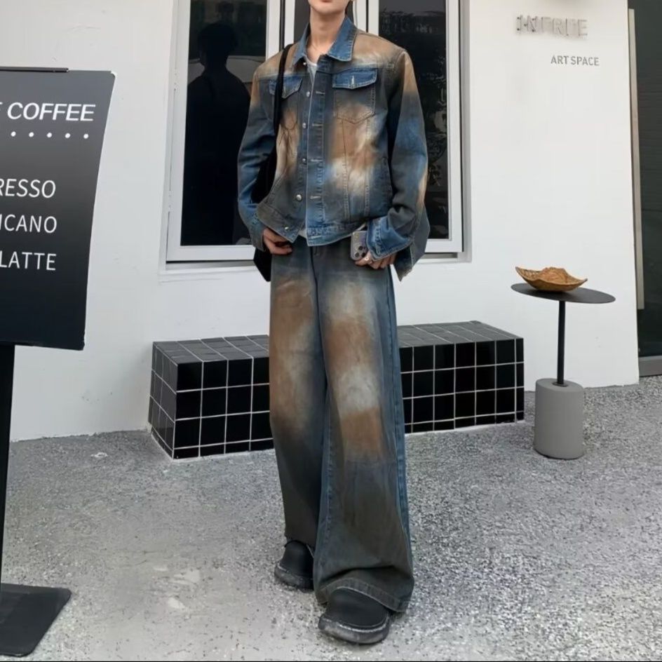 デニムセットアップ ユーズド加工ジャケット＆ワイドストレートパンツ メンズ向け ゆったりストリート系2点セット