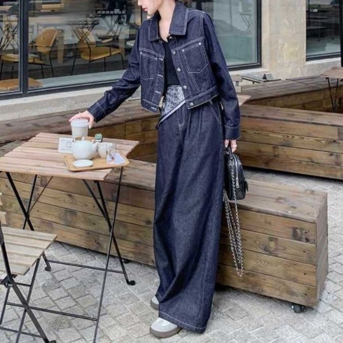 デニムセットアップ クラシックステッチジャケット＆ワイドロングパンツ きれいめシンプル 大人カジュアル2点セット