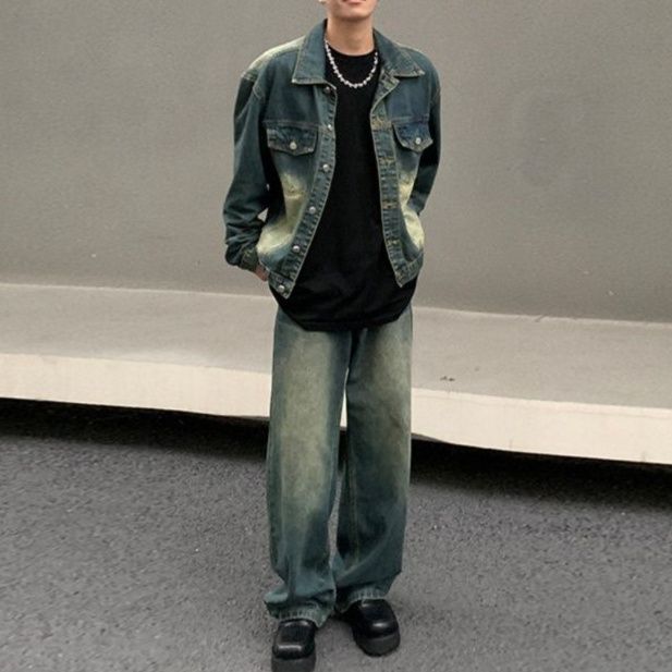 襟付きデニムジャケット×ワイドストレートパンツ メンズ向け ゆったりレトロクールセットアップ（上下別売り）